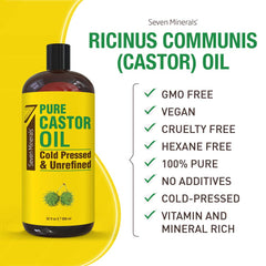 Seven Minerals castor oil close-up shows hexane-free, single-ingredient purity.