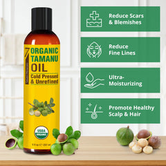 Seven Minerals Tamanu Oil hair application showcasing deep moisture and shine.