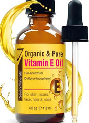 Seven Minerals Vitamin E Oil label closeup highlighting organic single-ingredient purity for skincare