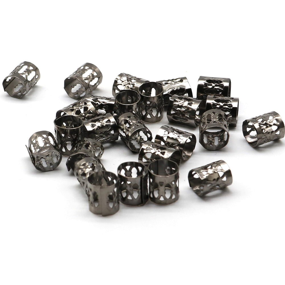 Sevenhead dreadlock beads black pack closeup showcases versatile braids with metal rings.