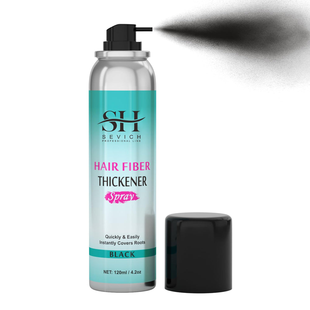 Sevich Hair Fiber Thickener Spray bottle closeup for quick touch-ups and natural-looking coverage.