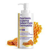 Shailee psoriasis shampoo bottle closeup highlighting calming formula for itchy scalp relief.