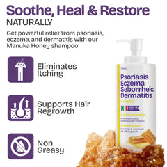 Shailee psoriasis shampoo label view emphasizes manuka honey and antifungal ingredients.