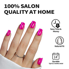 ShangMeng hot pink press-on nails with glossy finish and vibrant shine close-up.