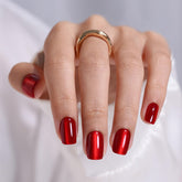 ShangMeng Red Cat Eye press-on nails closeup displaying ruby red sheen and square tips.