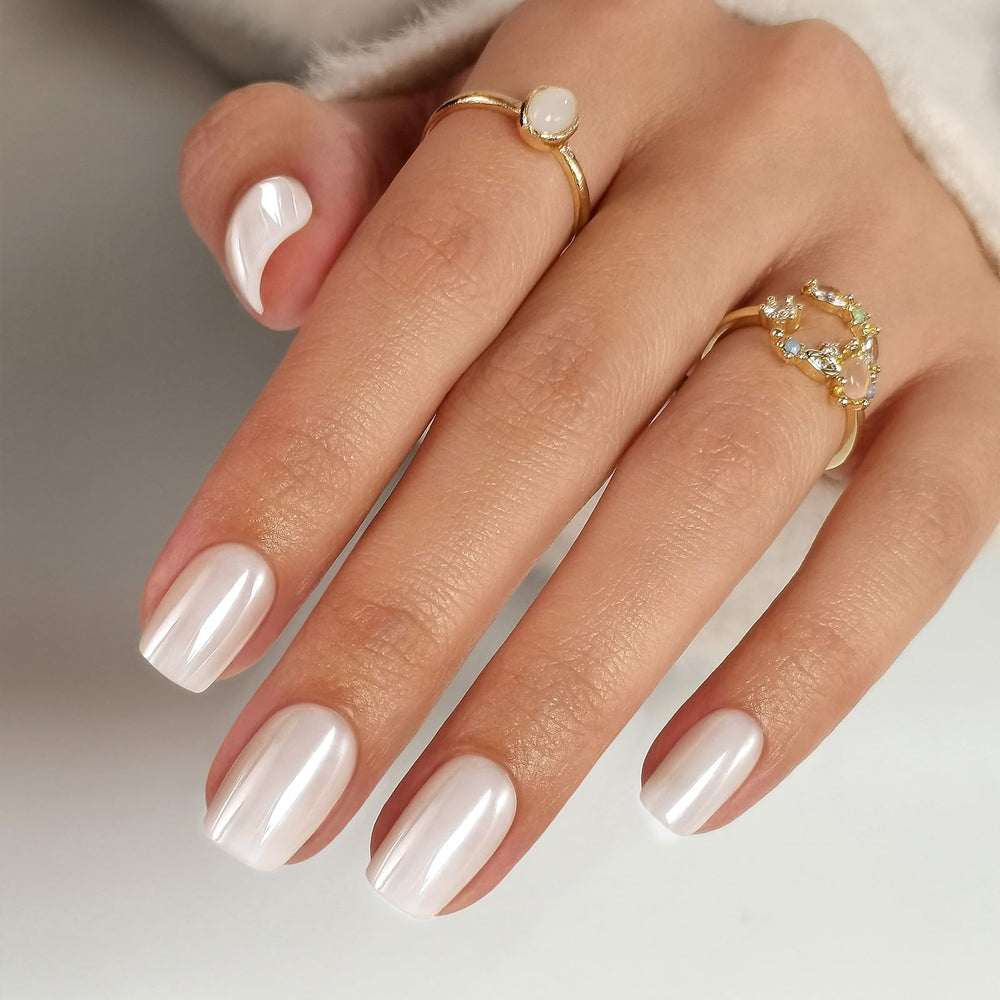 ShangMeng White Chrome Press On Nails Short with pearl gloss for chic, salon-like finish.