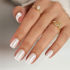 ShangMeng White Chrome Press On Nails Short with pearl gloss for chic, salon-like finish.