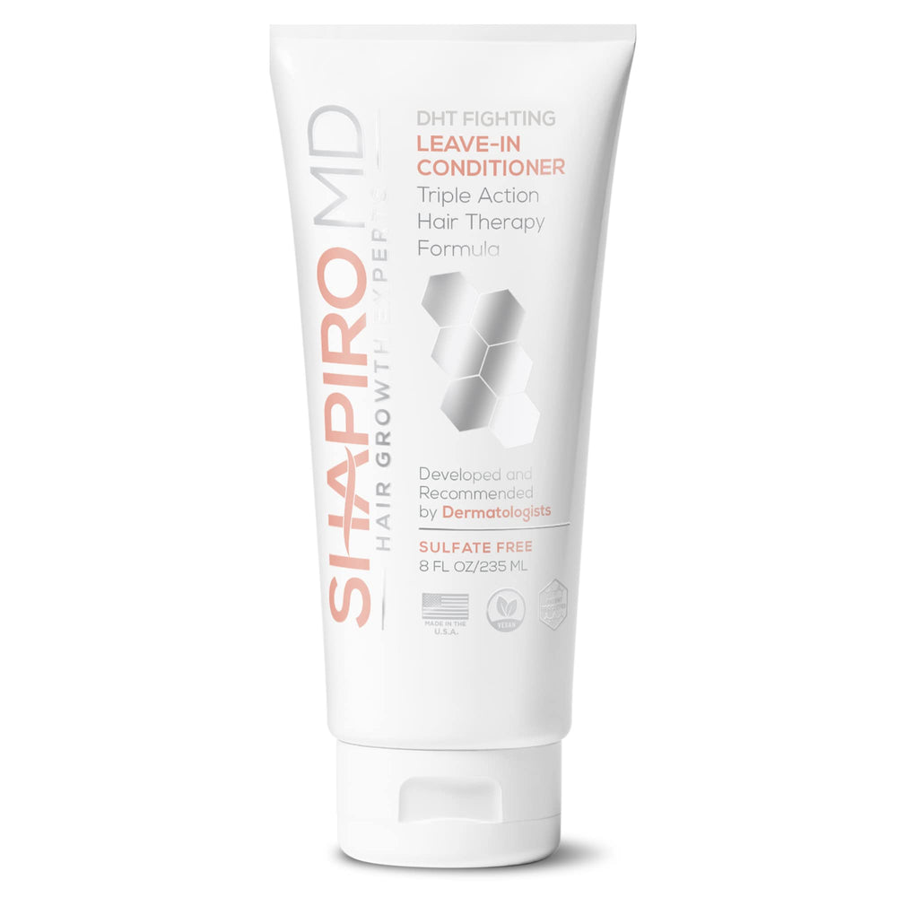 Shapiro MD leave-in conditioner bottle shows vegan DHT-blocking formula for thinning hair