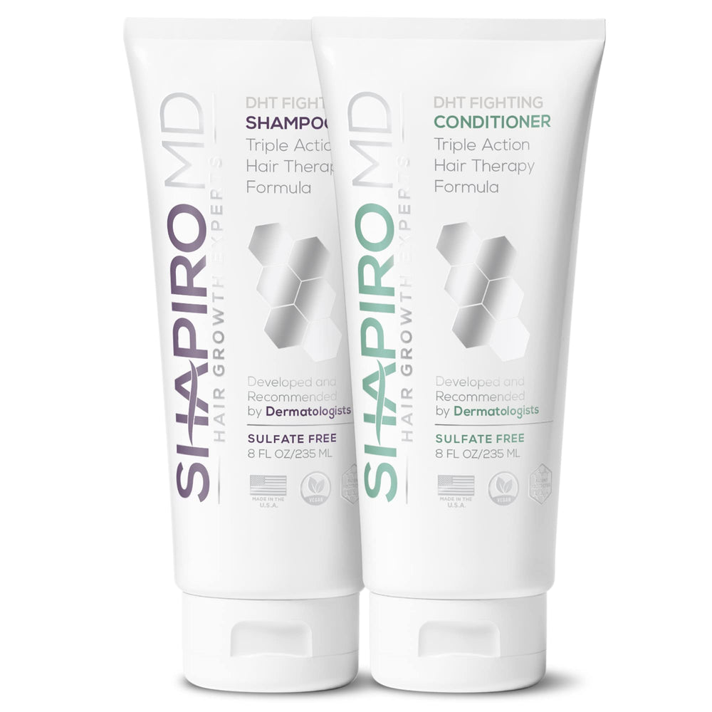 Shapiro MD Hair Growth Experts shampoo bottle front showcases DHT-fighting formula for thinning hair.