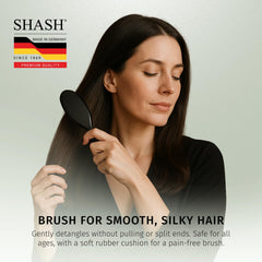 SHASH brush on dry hair gentle stroke reduces frizz and pulling.