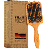 SHASH wooden paddle brush long pins closeup for gentle detangling and reduced snagging.