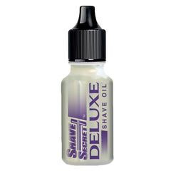 Shave Secret Deluxe Shaving Oil bottle close-up with a smooth, oil-based shave prep.