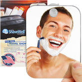The Shave Well Travel fogless mirror, wall-mounted, delivers clear shaving visibility even in steamy showers.