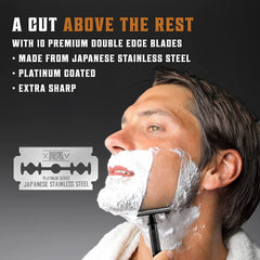 SHAVING REVOLUTION butterfly-open razor mechanism enables quick blade swaps.