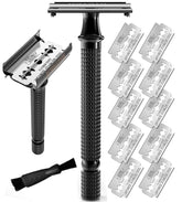 SHAVING REVOLUTION long-handle safety razor with butterfly-open design for easy blade changes.