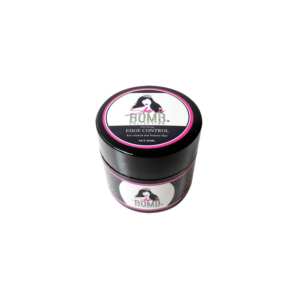 She Is Bomb edge control travel size 20ml, tames flyaways for on-the-go styling.