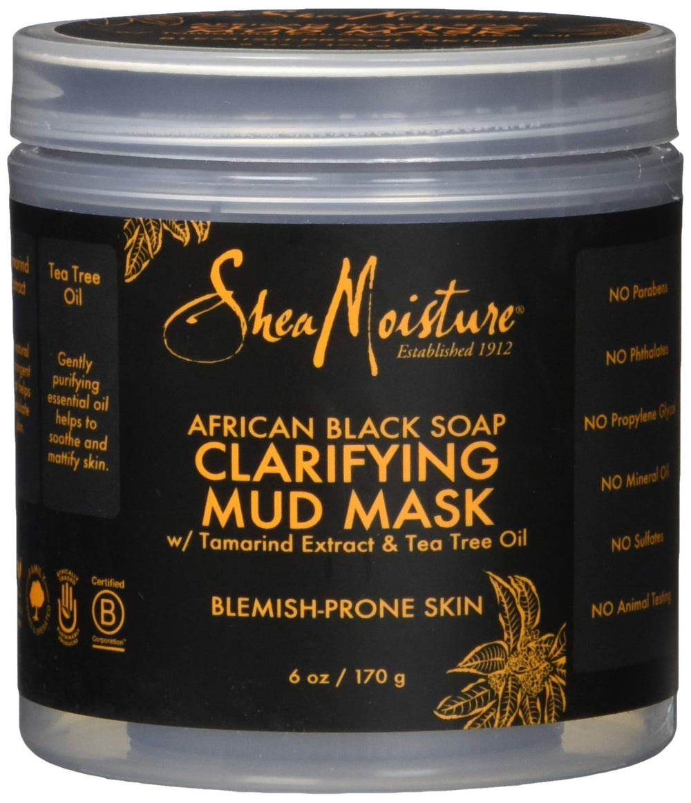 SheaMoisture African Black Soap Clarifying Mud Mask bottle highlights oil-control benefits for blemish-prone skin.