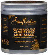 SheaMoisture African Black Soap Clarifying Mud Mask bottle highlights oil-control benefits for blemish-prone skin.