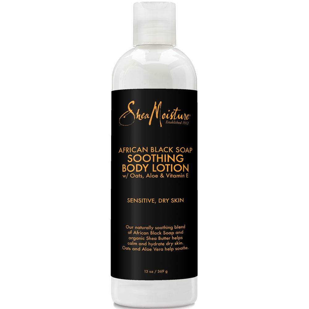 SheaMoisture African Black Soap Soothing Body Lotion bottle provides daily hydration.