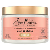SheaMoisture Coconut Hibiscus Hair Mask jar closeup shows rich hydration for dry curls.