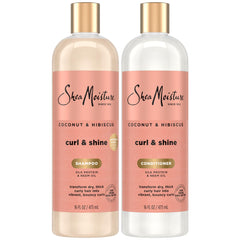 SheaMoisture Coconut & Hibiscus Shampoo bottle highlights hydration for defined curls.