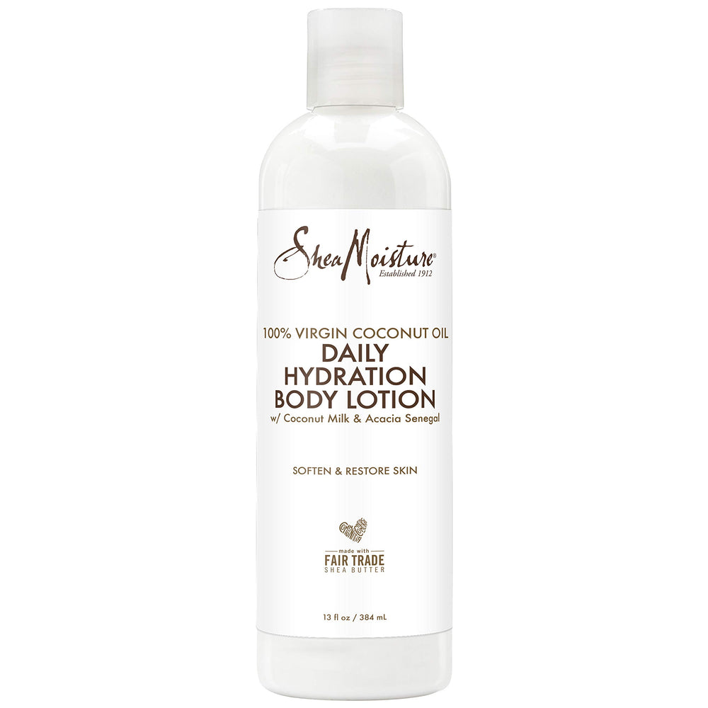 SheaMoisture coconut oil daily hydration lotion 13oz bottle shows creamy texture for after-shower moisture.