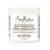 SheaMoisture Daily Hydration Creme Sugar Scrub jar demonstrating velvety coconut oil exfoliation.
