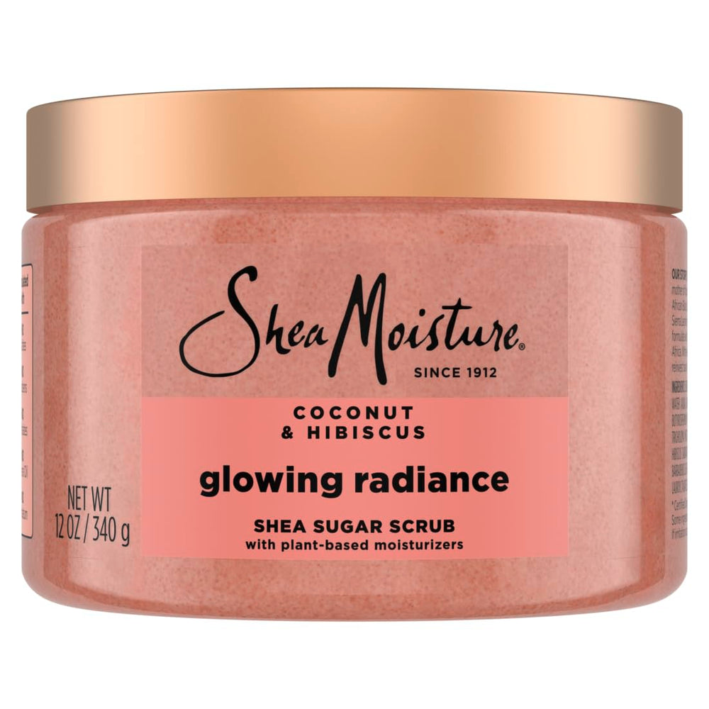 SheaMoisture Glowing Radiance Scrub packaging angle with 24h nourishment