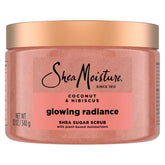 SheaMoisture Glowing Radiance Scrub packaging angle with 24h nourishment