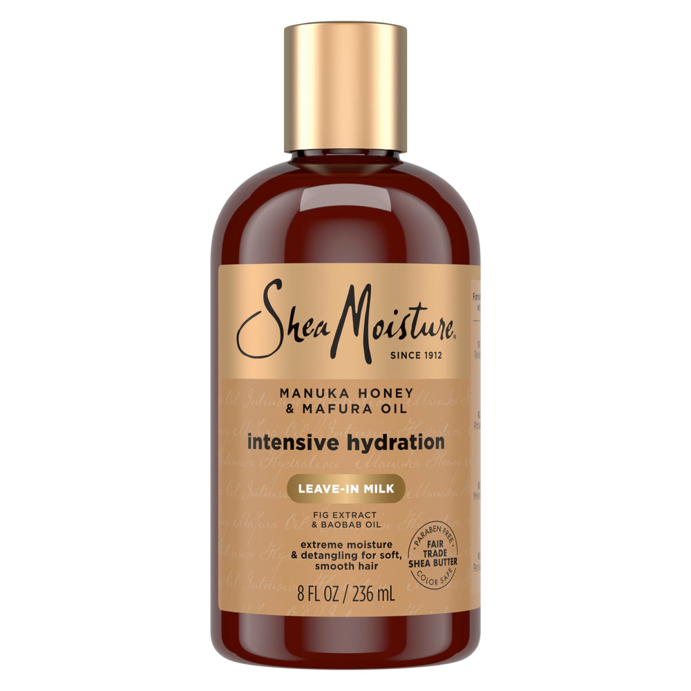 Sheamoisture Hydration Hair Milk bottle with Manuka Honey provides deep moisture for dry hair.