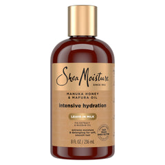 Sheamoisture Hydration Hair Milk bottle with Manuka Honey provides deep moisture for dry hair.