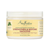 SheaMoisture Jamaican Black Castor Oil Strengthen & Restore Smoothie Cream bottle showcases curl-definition benefits.