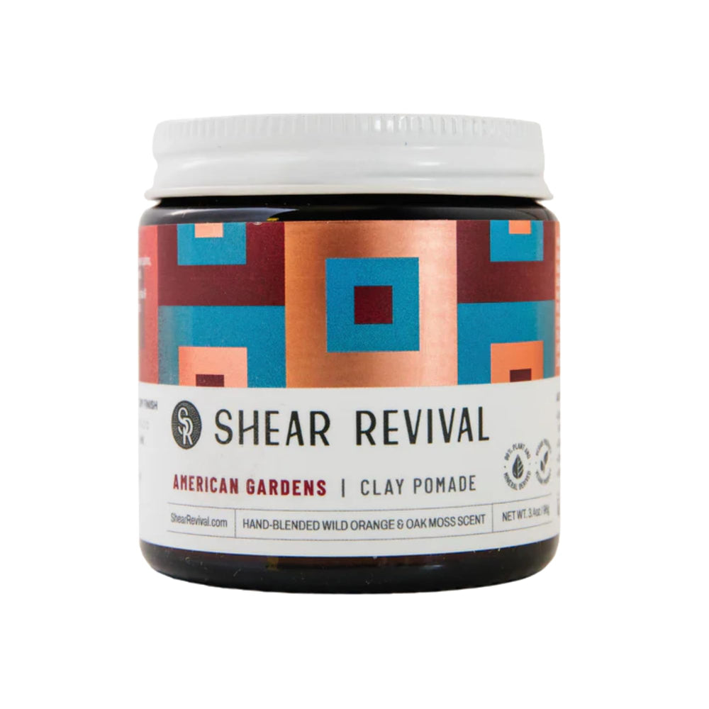 Shear Revival American Gardens Clay Pomade jar closeup showing matte finish and strong hold