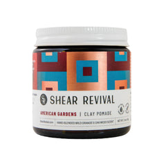 Shear Revival American Gardens Clay Pomade jar closeup showing matte finish and strong hold