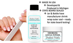 Sheba Nails odorless acrylic powder shows clear, non-yellowing formula for lasting wear.