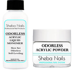 Sheba Nails odorless liquid bottle enables smooth, odor-free acrylic mixing.