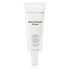 Sheer Cover Base Perfector Primer bottle demonstrates a smoothing base for makeup application.