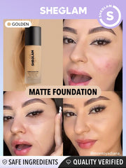 SHEGLAM foundation swatches on arm in golden shade for coverage preview.