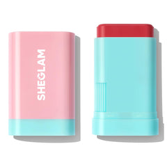 SHEGLAM Glass Glow Blush Stick swatch Cherry Express showing vibrant color for a dewy glow
