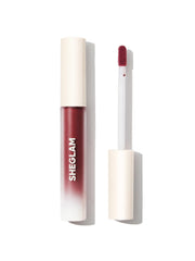 SHEGLAM Matte Allure lipstick wand closeup shows rich color payoff in one swipe.