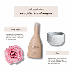 SHIBUI Everydayness Shampoo sake glass highlights nourishing saké for shinier strands.