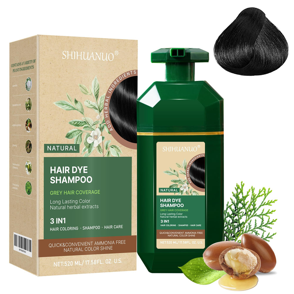 SHIHUANUO Black Hair Dye Shampoo bottle shows easy application for gray coverage.