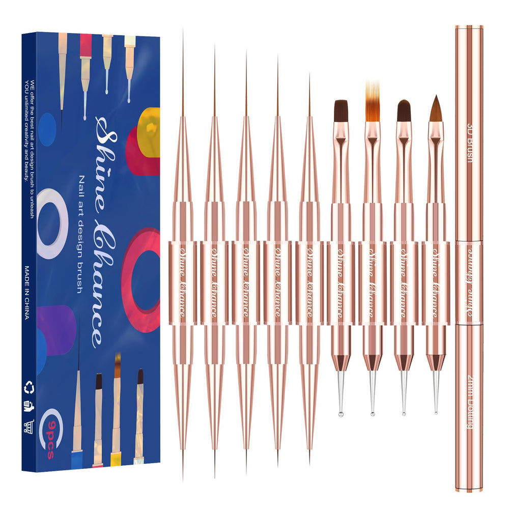 Shine Chance rosegold 9pcs nail art brushes set enables precise detailing for gel nails.