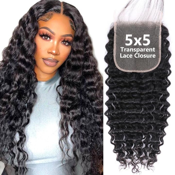 Shining Girl 5x5 deep wave closure closeup shows invisible lace for seamless blend.