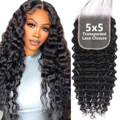 Shining Girl 5x5 deep wave closure closeup shows invisible lace for seamless blend.