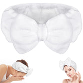 Shintop skincare headband in white coral fleece with bow, perfect for keeping hair away during cleansing