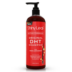 Shiny Leaf anti-hair-loss shampoo bottle with DHT blockers supports healthier roots.