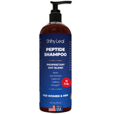 Shiny Leaf anti-thinning peptide shampoo bottle shows color-safe, sulfate-free daily-use formula