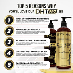 Shiny Leaf DHT Pro Conditioner bottle highlighted for moisture and easy detangling.