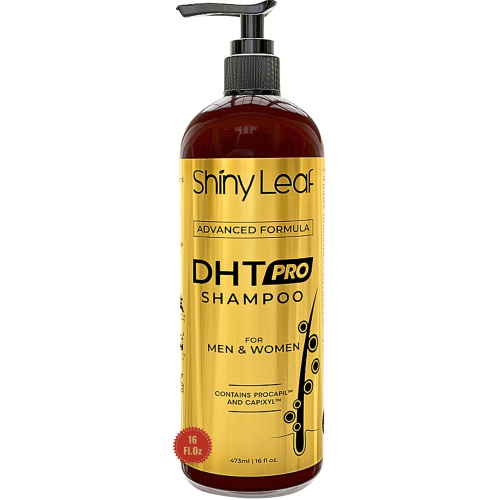 Shiny Leaf DHT Pro Shampoo bottle front shows advanced formula for daily care.